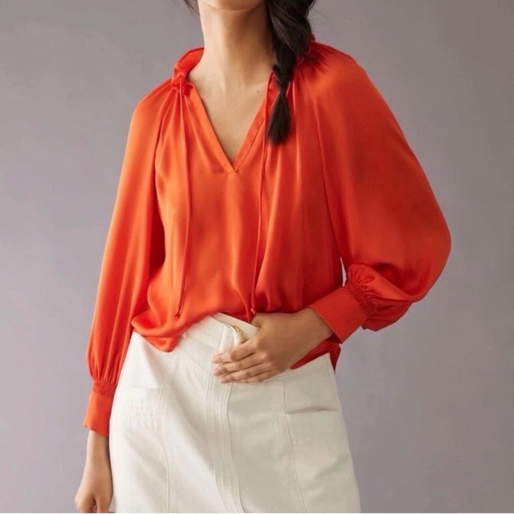 Anthropologie Orange Satin Ruffle Neck Balloon Sleeve Tie Blouse XS NEW